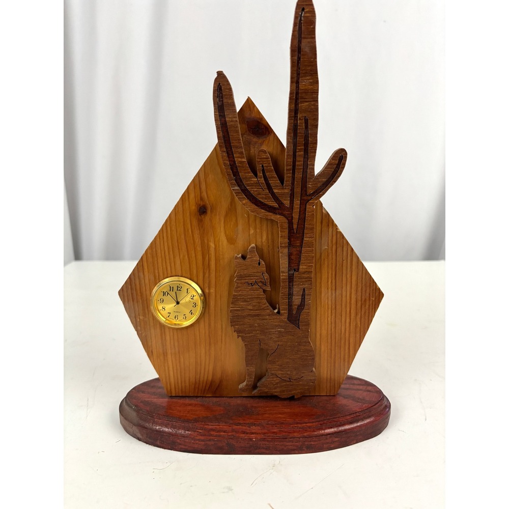 Vintage Southwestern Wood Desk Clock Cactus Coyote Desert Decor Working